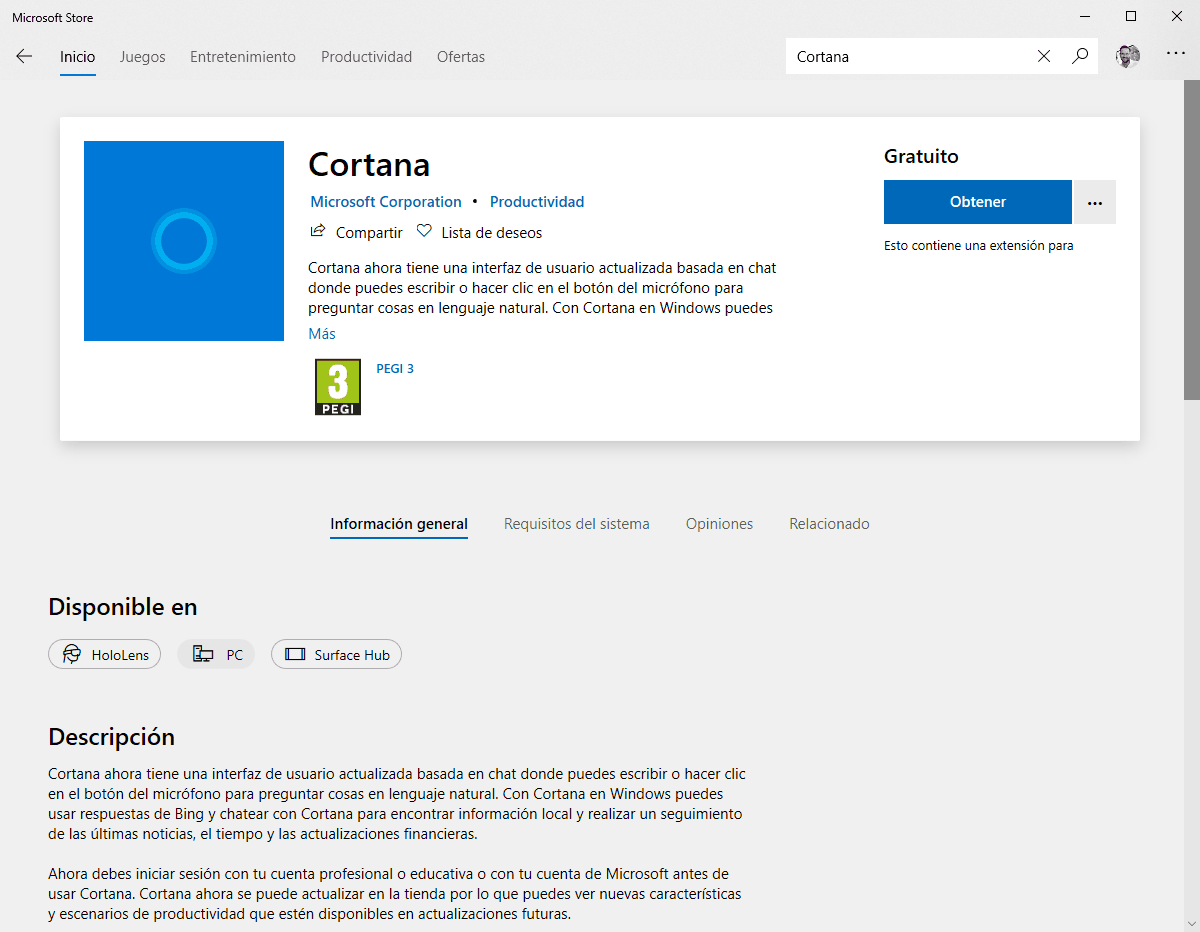 Cortana en la Microsoft Store
